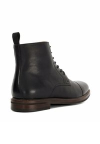 Black leather ankle boot with a rounded toe, lace-up front, and a back pull tab; features a smooth texture and a contrasting brown sole.