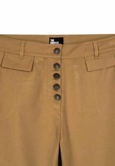 Lichtbruine katoenen broek met een gestructureerd oppervlak, vijf knoopsluiting en voorzakken. Het merklabel vermeldt "THE KOOPLES."