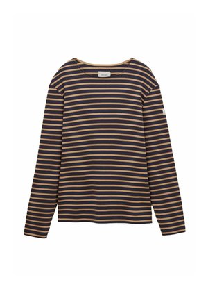 Marineblau und beige gestreiftes Langarmoberteil aus einem weichen Stoff. Verfügt über einen rundem Ausschnitt und ein Etikett am linken Ärmel.