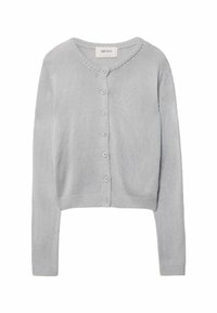 Light gray cropped cardigan made of soft knitted fabric, featuring a round neckline and six front buttons. Ribbed cuffs and hem.
