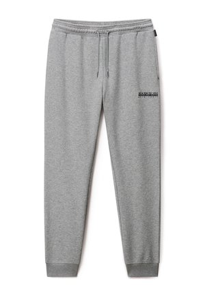 Šedé teplákové kalhoty vyrobené z měkké látky, s elastickým pasem a šňůrkou, tapered nohavicemi a malým logem na boční kapse.