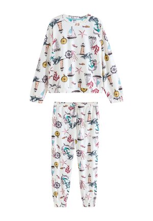 Ensemble blanc avec haut à manches longues et pantalon imprimé nautique coloré comprenant des phares, des voiliers, des ancres, des compas, des coraux et des sirènes.
