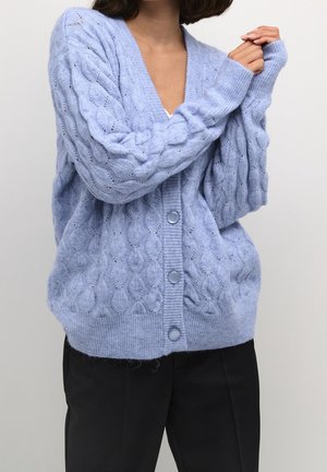Personne portant un gilet en maille torsadée bleu clair avec de gros boutons et un pantalon noir, mains jointes près de la poitrine.