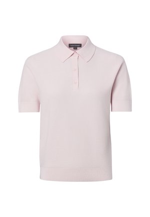 Lichtroze polo met korte mouwen, een puntige kraag en drie knopen aan de voorkant, gebreide textuur, merklabel aan de binnenkant van de kraag.