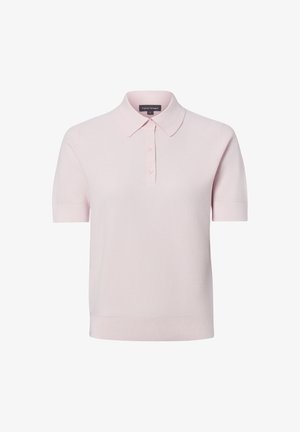 Lichtroze polo met korte mouwen, een puntige kraag en drie knopen aan de voorkant, gebreide textuur, merklabel aan de binnenkant van de kraag.