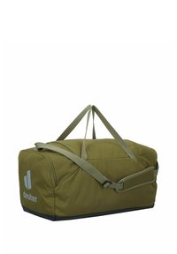 Borsa da viaggio verde realizzata in un tessuto resistente, dotata di due manici superiori e di una tracolla regolabile, con un fondo nero e un logo in evidenza.