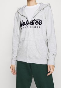 Sudadera gris con cremallera, bolsillo tipo canguro, cordones y logo azul marino. Tela suave, puños y dobladillo acanalados. Combinada con pantalones verde oscuro.