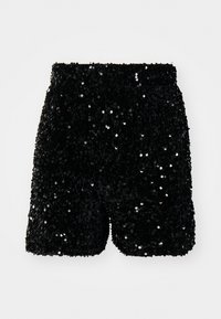 Shorts neri a vita alta ricoperti di paillettes nere lucide con una vita aderente, mostrati su uno sfondo bianco uniforme.
