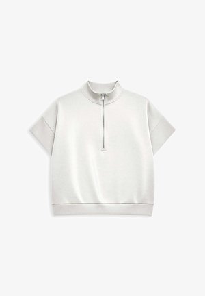 Lichtgrijze pullover met korte mouwen, een opstaande kraag en een voorrits, gemaakt van gladde stof, met een losse pasvorm en geribbelde zoom.