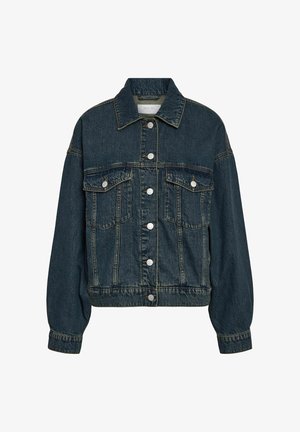 Donkerblauwe denimjas met knopen aan de voorkant, twee borstzakken met klep, lange mouwen en een kraag.