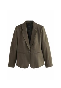 Olivově zelený blazer vyrobený z texturované tkaniny, s klopovým límcem, jedním knoflíkovým zapínáním a dvěma předními kapsami.