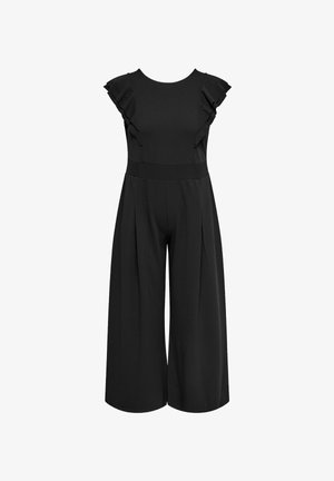 Mustast ülikonnast, millel on sile kangas, volangkäised, kinnitatud vöökoht ja laiad püksisääred plisseeringutega. Ilma mustrite ja aktsentideta.