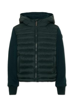 Veste matelassée noire avec capuche, fermeture éclair intégrale devant, manches tricotées et poignets côtelés.