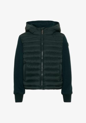 Veste matelassée noire avec capuche, fermeture éclair intégrale devant, manches tricotées et poignets côtelés.