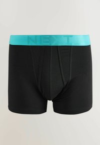 Boxer briefs pour hommes noirs avec une large ceinture turquoise arborant le mot « NEXT » en relief à l'avant.