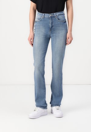 Light blue denim jeans with a straight fit, featuring five pockets, a high waistband, subtle fading, and stitched detailing.