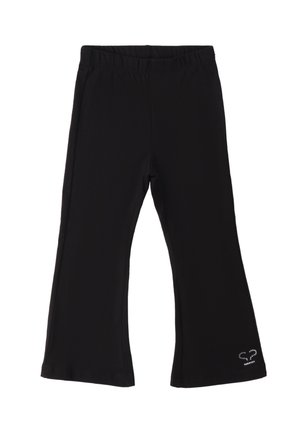 Pantaloni stretch neri con elastico in vita, design a gamba svasata e piccolo dettaglio di strass a forma di cuore vicino all'orlo.