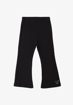 Pantaloni stretch neri con elastico in vita, design a gamba svasata e piccolo dettaglio di strass a forma di cuore vicino all'orlo.
