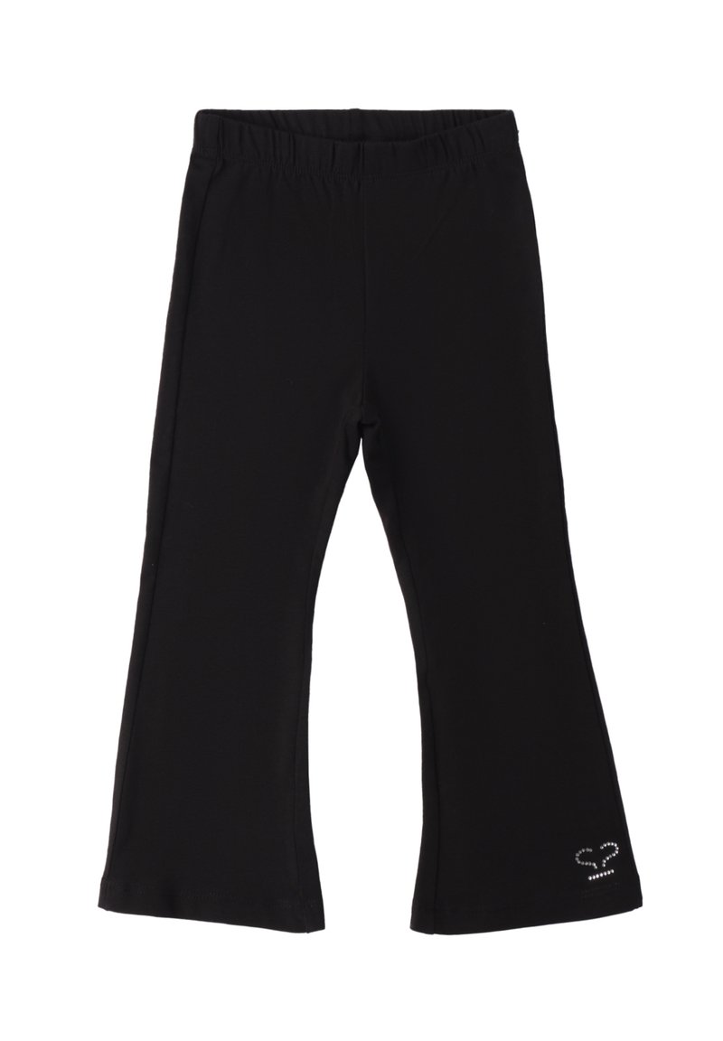Pantaloni stretch neri con elastico in vita, design a gamba svasata e piccolo dettaglio di strass a forma di cuore vicino all'orlo.