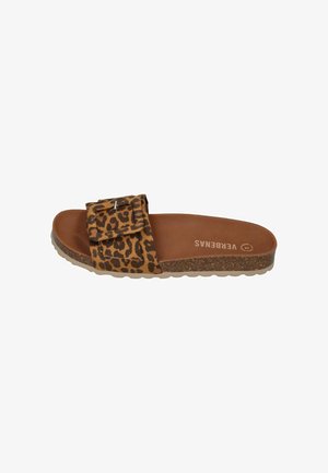 Slide sandal with brown cork sole and leopard print fabric strap featuring a large adjustable buckle.