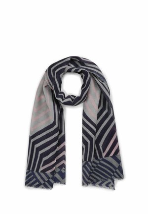 Écharpe à motifs présentant des rayures géométriques en marine, gris et rose doux. Légère, avec des bords frangés et une texture douce.