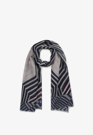 Patroon sjaal met geometrische strepen in marineblauw, grijs en zachtroze. Lichtgewicht, met franjes aan de randen en een zachte textuur.