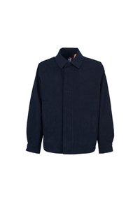 Giacca di corduroy blu navy con colletto a cresta, apertura con bottoni e due tasche laterali. Presenta un tessuto testurizzato e maniche lunghe.