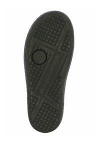 Zwarte rubberen schoenzool met een gestructureerd oppervlak, voorzien van vierkante en rechthoekige patronen, en een ronde inkeping.