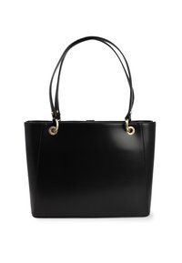 Borsa tote in pelle nera con una forma strutturata, doppi manici, finiture in ottone dorato e una finitura lucida. Presenta un decorativo dettaglio a loop.