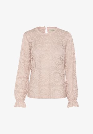 Spetstopp i mjuk rosa, med intrikata blommönster och geometriska mönster, långa ärmar med volangmanchetter och en nyckelhålsöppning baktill.