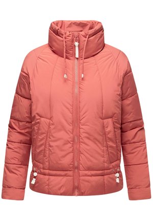 Padded jacket in coral pink, featuring a stand-up collar, front zipper, and side pockets with pull tabs. Smooth, water-resistant texture.