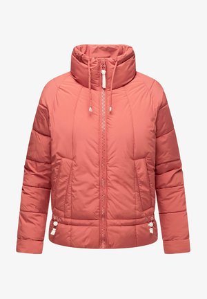 Padded jacket in coral pink, featuring a stand-up collar, front zipper, and side pockets with pull tabs. Smooth, water-resistant texture.