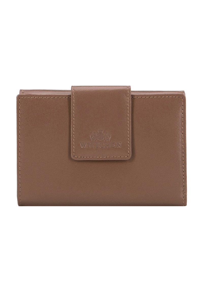 Brown leather wallet with a smooth texture, featuring a flap closure, embossed logo, and visible stitching along the edges.