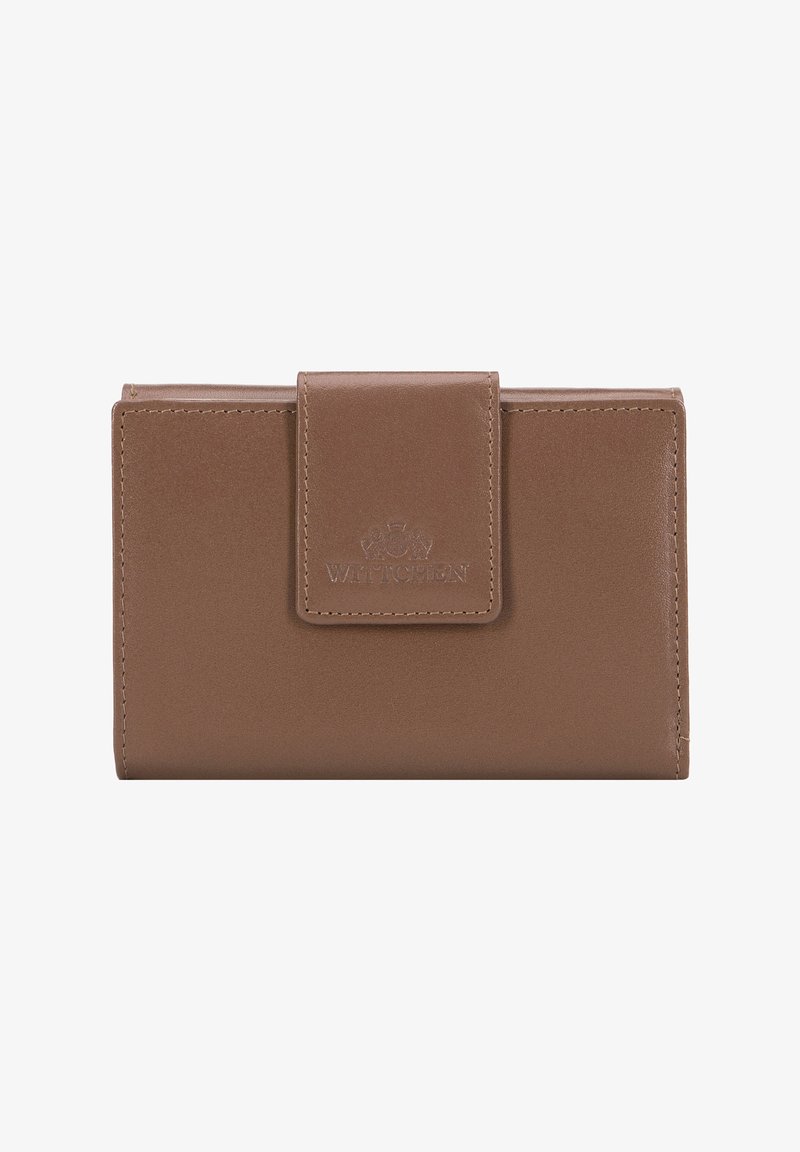 Brown leather wallet with a smooth texture, featuring a flap closure, embossed logo, and visible stitching along the edges.