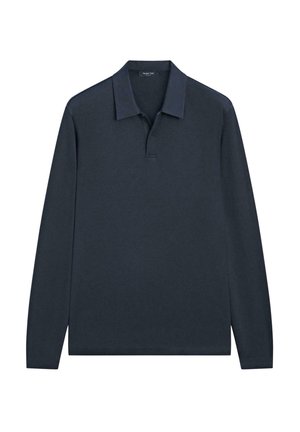 Long-sleeve polo shirt in dark navy blue, made of soft fabric. Features a classic collar and three-button placket. Smooth texture.