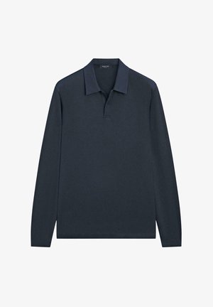 Poloshirt met lange mouwen in donker marineblauw, gemaakt van zachte stof. Voorzien van een klassieke kraag en een knoopsluiting met drie knopen. Soepele textuur.