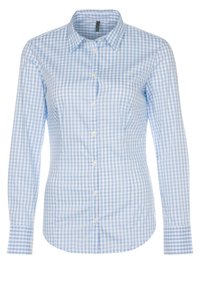Ljusblå och vit rutig skjorta med långa ärmar, spetsig krage, knäppning och skräddarsydd passform. Slät tyg med en krispig textur.