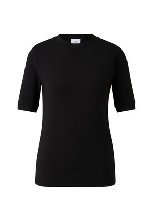 Czarny t-shirt z krótkim rękawem, wykonany z miękkiej bawełny, z okrągłym dekoltem i dopasowanym krojem z podwiniętymi mankietami.