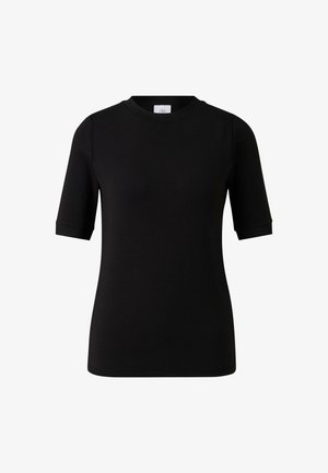 Czarny t-shirt z krótkim rękawem, wykonany z miękkiej bawełny, z okrągłym dekoltem i dopasowanym krojem z podwiniętymi mankietami.