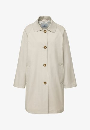 Hellbeiger knielanger Mantel mit langen Ärmeln, vier braunen Knöpfen vorne, Seitentaschen und klassischem Kragen.