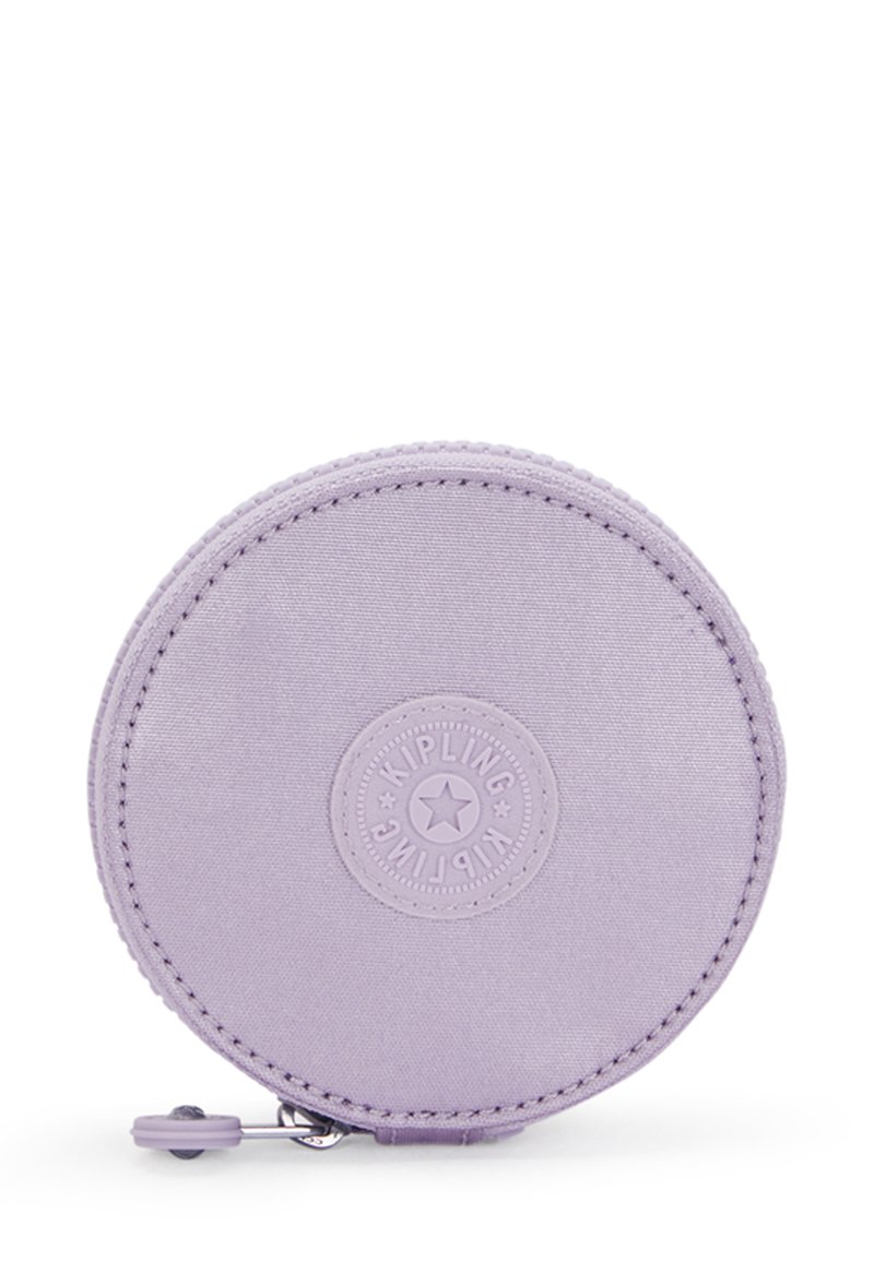 Round lavender fabric coin pouch with zipper and embossed Kipling logo featuring a star in the center.