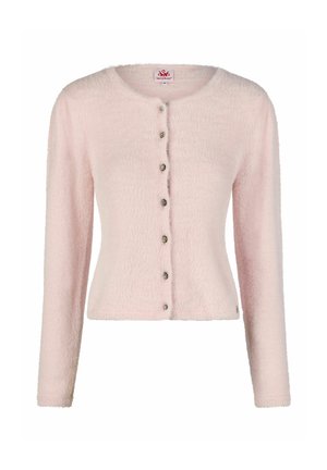 Hellrosa flauschige Langarm-Strickjacke mit Rundhalsausschnitt und sieben dekorativen Knöpfen auf der Vorderseite.