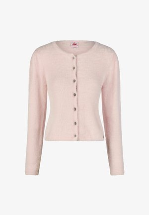 Light pink fuzzy long-sleeve cardigan with round neckline and seven decorative buttons down the front.
