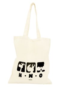 Borsa tote in cotone bianca sporca con grafiche nere che raffigurano sagome di animali e le lettere "H.N.O." in basso. Manici piatti.