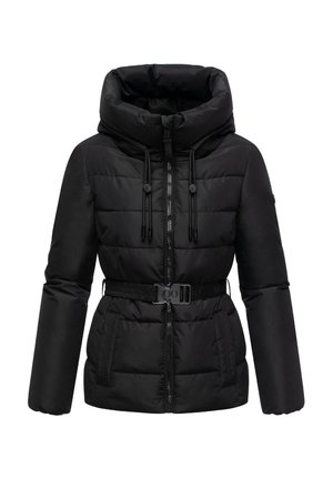 Schwarze gepolsterte Winterjacke mit hohem Kragen, verstellbaren Kordeln, durchgehendem Reißverschluss, seitlichen Taschen und tailliertem Gürtel.