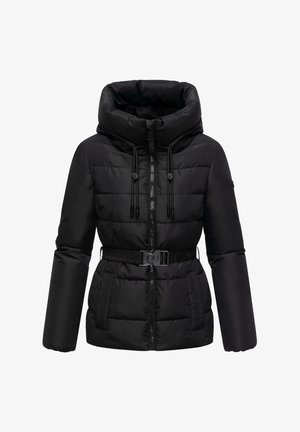 Črna podložena zimska jakna z visokim ovratnikom, nastavljivimi vrvicami, sprednjim zadrgo, stranskimi žepi in pasom.