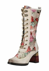 Stivale alla coscia con design in tessuto floreale, suede beige, lacci beige, suola con tacco spesso e dettagli in legno multicolore sul tacco.