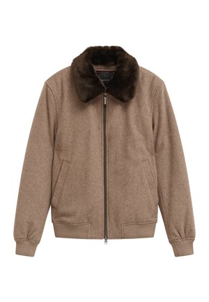 Braune Wolljacke mit einem dunklen Pelzkragen, Reißverschluss, Seitentaschen sowie gerippten Bündchen und Saum. Einfaches, klassisches Design.