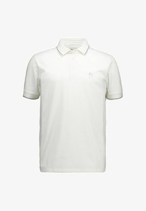 Hvid kortærmet polo med sort kant på kraven og ærmekanterne, med en lille broderet logo på venstre bryst.