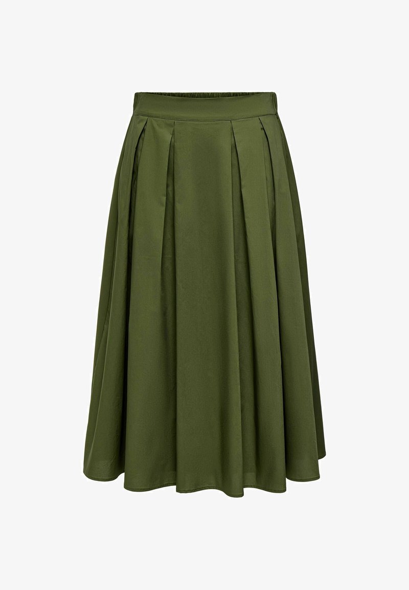 Jupe plissée vert olive longueur genou avec taille ajustée et silhouette trapèze, fabriquée en tissu lisse.